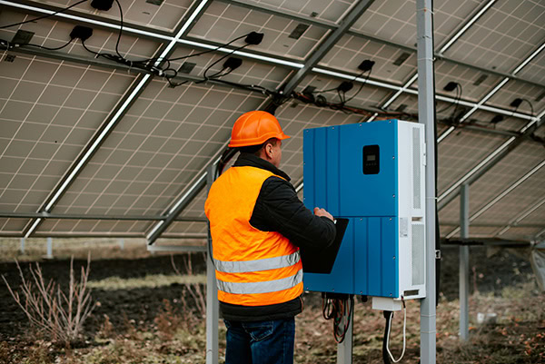 Solar technician in a high-visibility vest and hard hat inspecting an inverter at a ground-mounted solar panel installation. ARC Renewables ensures expert maintenance and installation for efficient renewable energy systems.